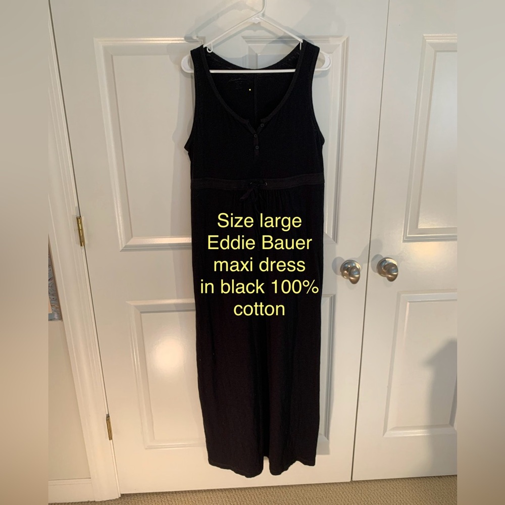 Women’s Large Eddie Bauer 100% Cotton, Black Maxi Dress w/Adjustable Waist Tie